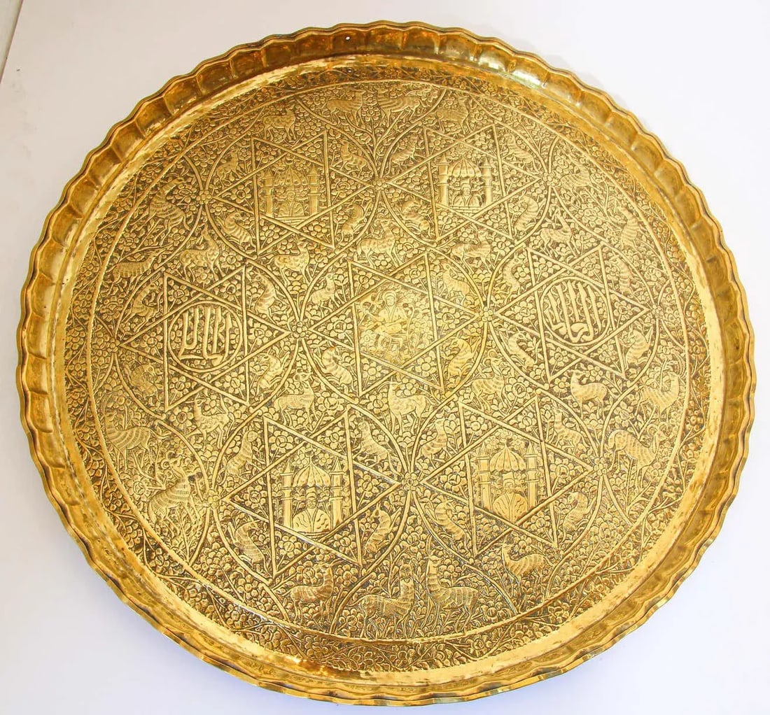 Indo-Persian Mughal Handcrafted Hammered Brass Decorative Tray - 8