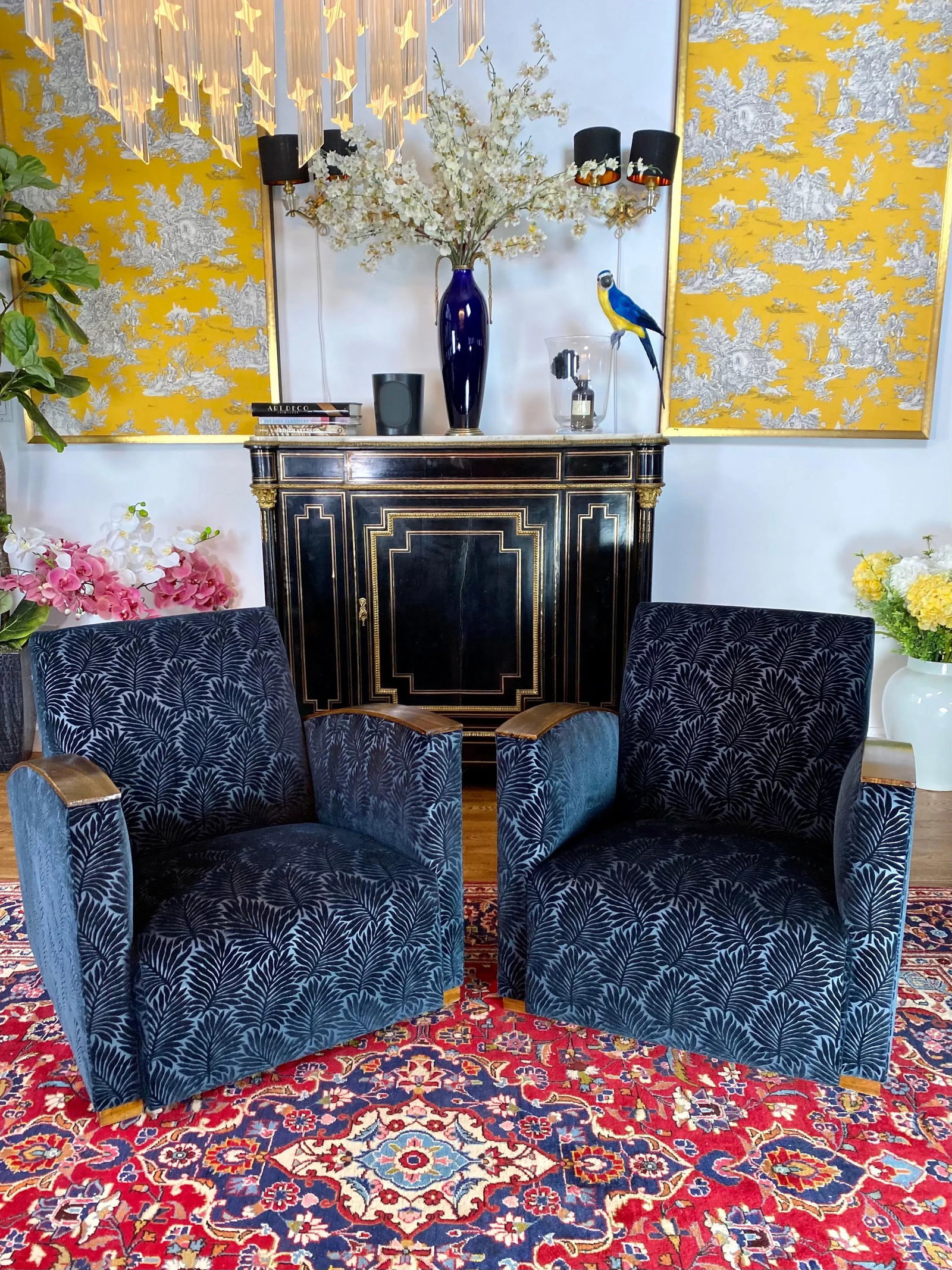French Art Deco Blue Velvet Club Chairs - a Pair - 2