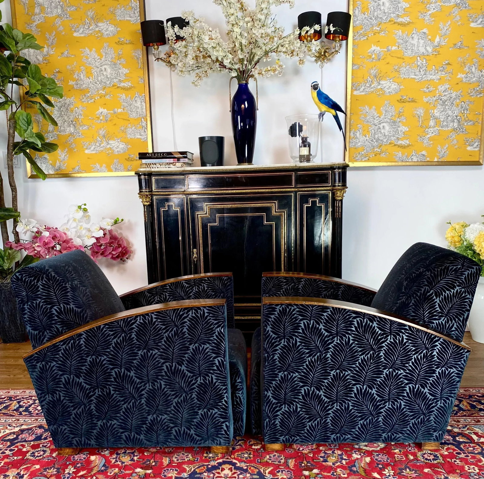 French Art Deco Blue Velvet Club Chairs - a Pair - 3