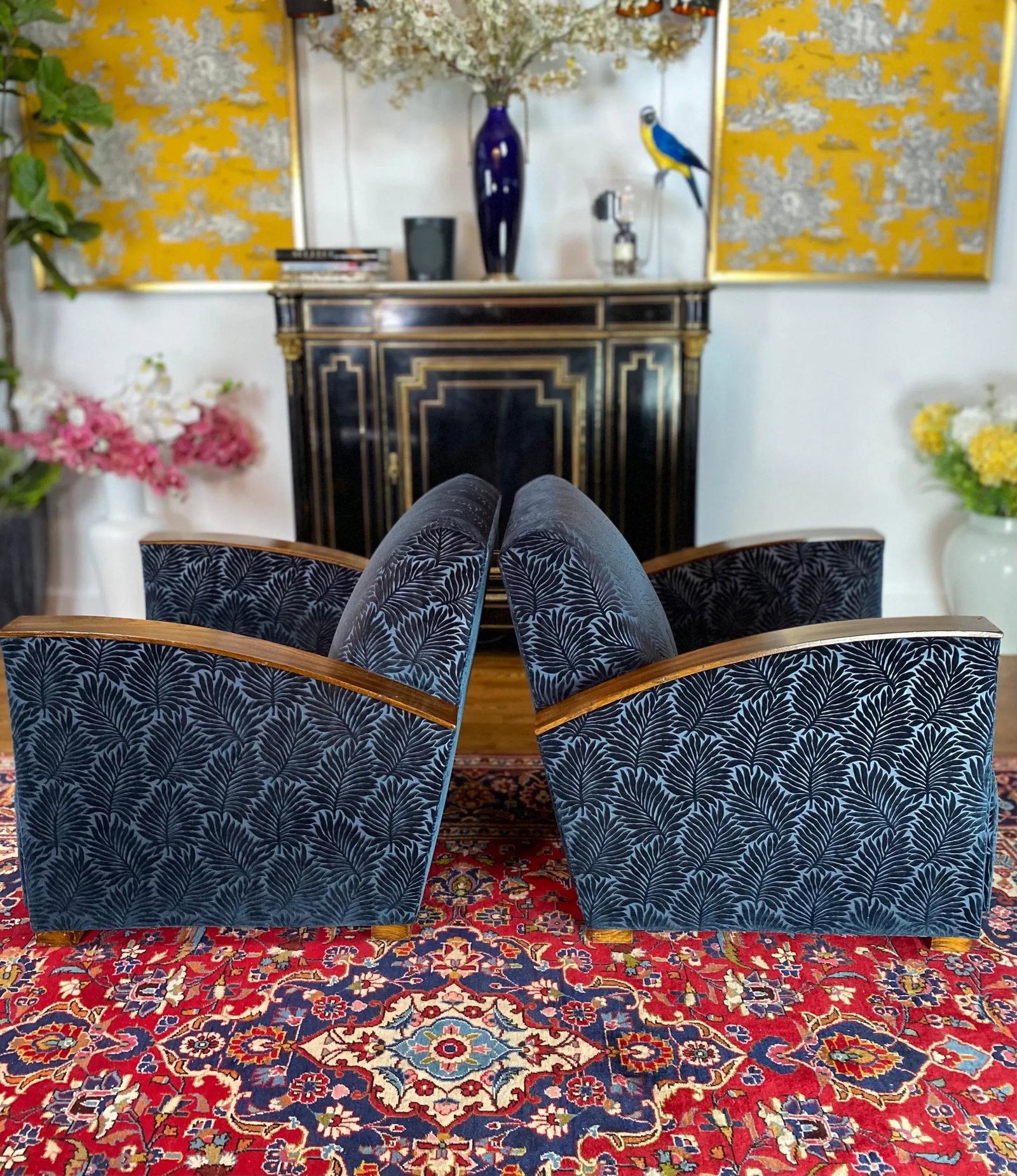 French Art Deco Blue Velvet Club Chairs - a Pair - 4