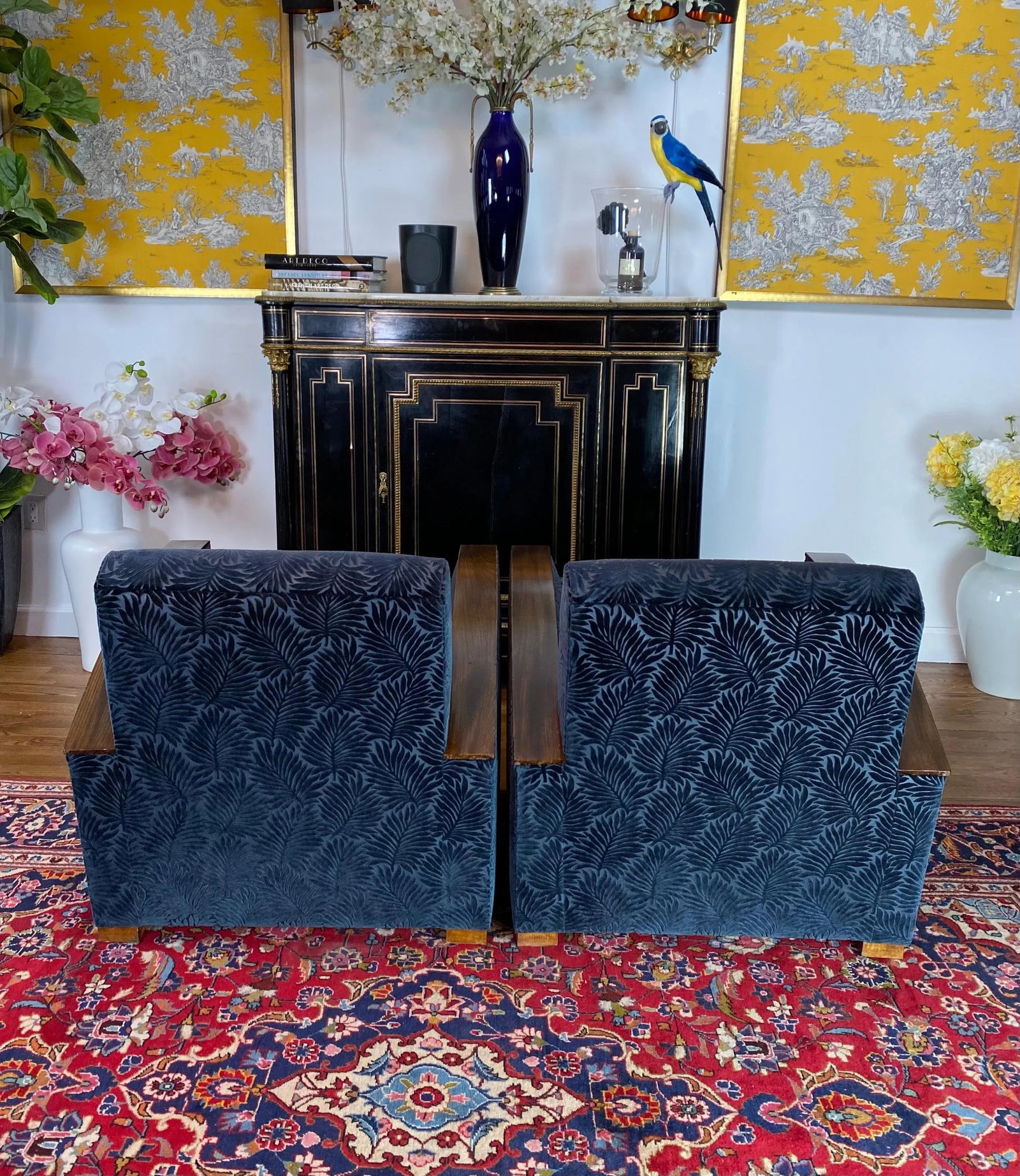French Art Deco Blue Velvet Club Chairs - a Pair - 5