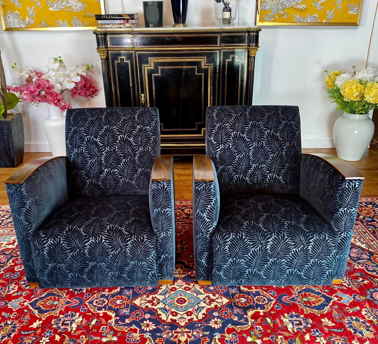 French Art Deco Blue Velvet Club Chairs - a Pair - 6