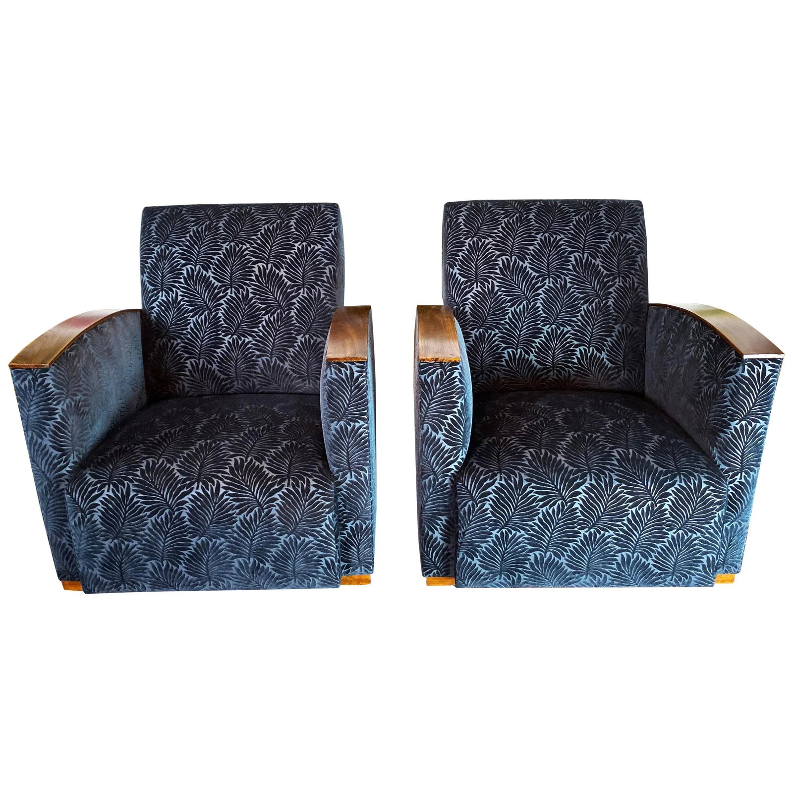 French Art Deco Blue Velvet Club Chairs - a Pair - 7