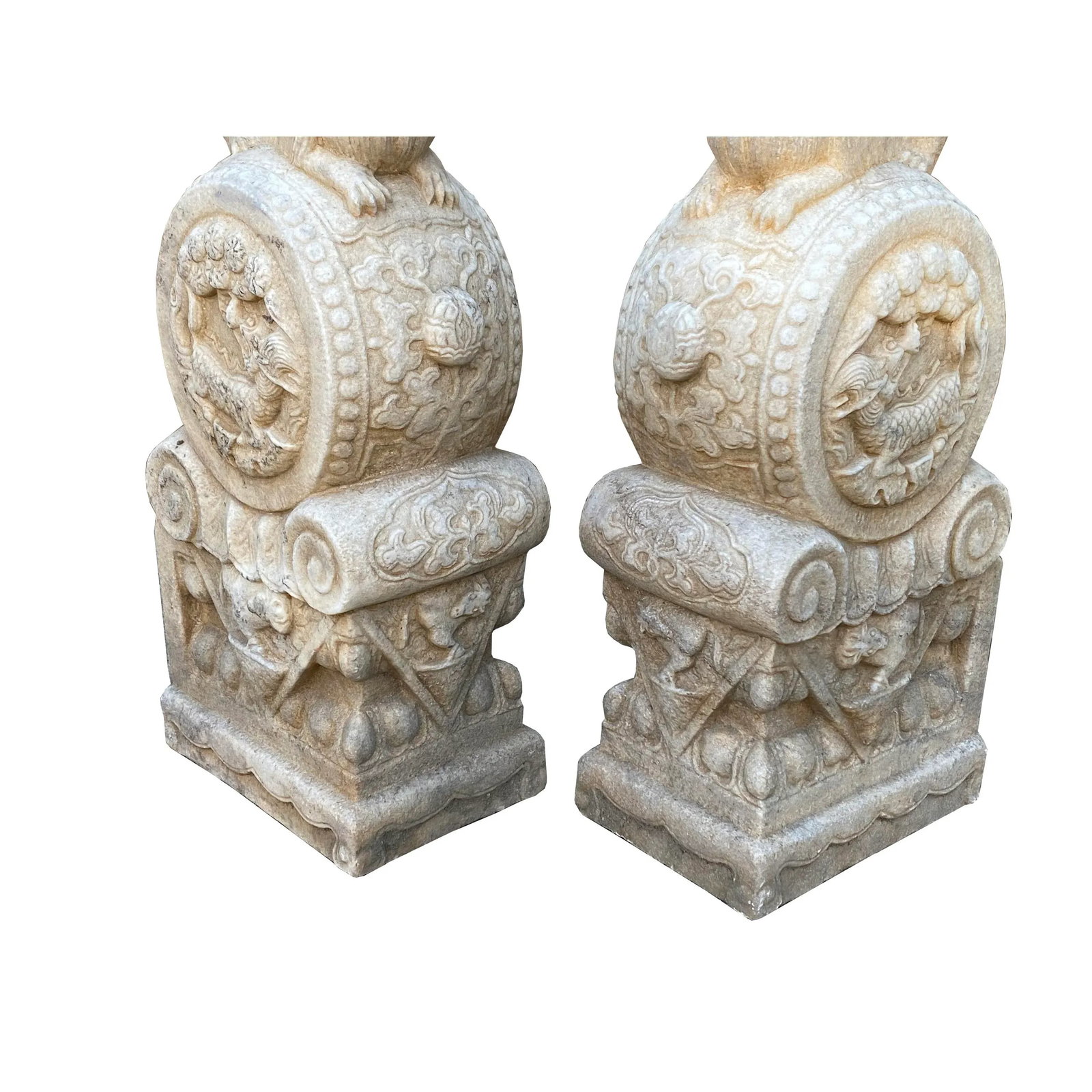Chinese Pair White Marble Stone Fengshui Foo Dogs Drum Statues - 6