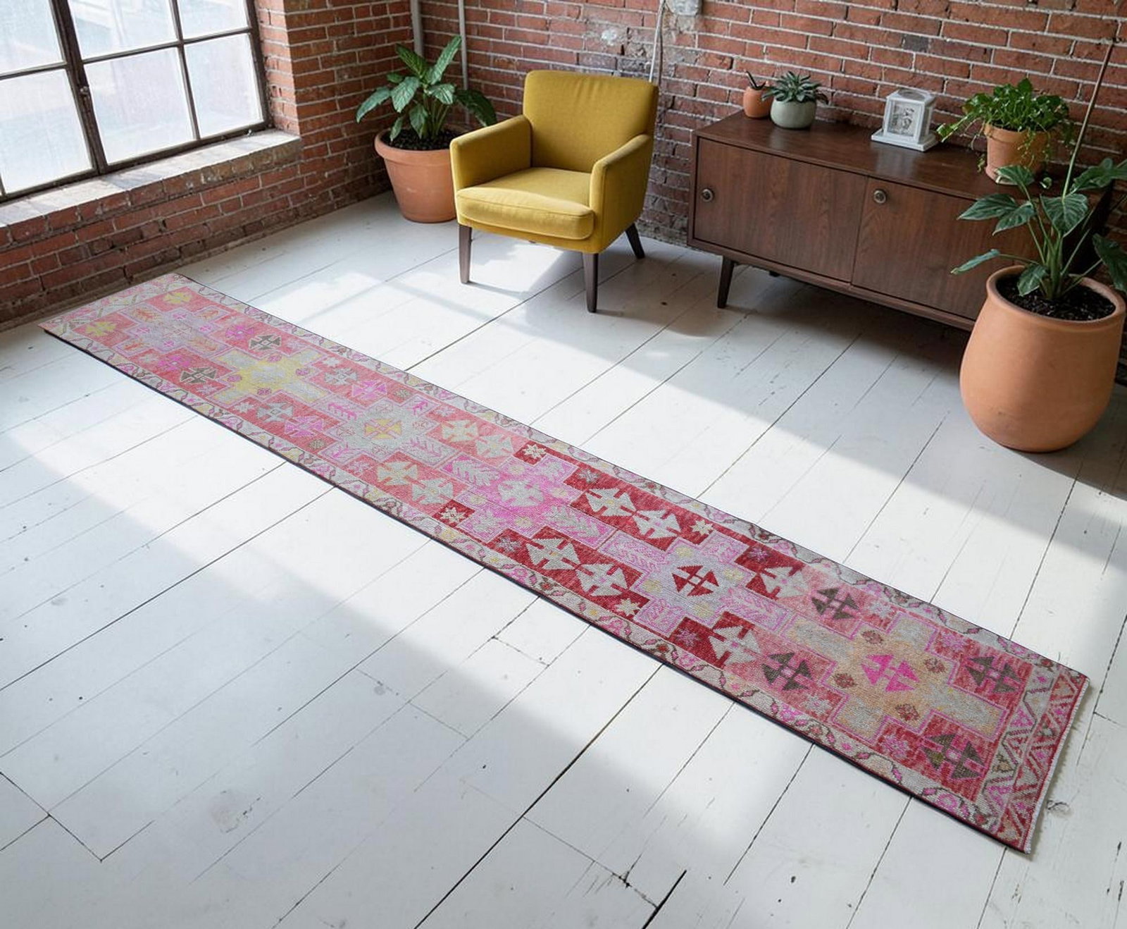 Vibrant Turkish Runner 2x12 Long Narrow Rug Vintage Pink Hallway Oriental Carpet - 2