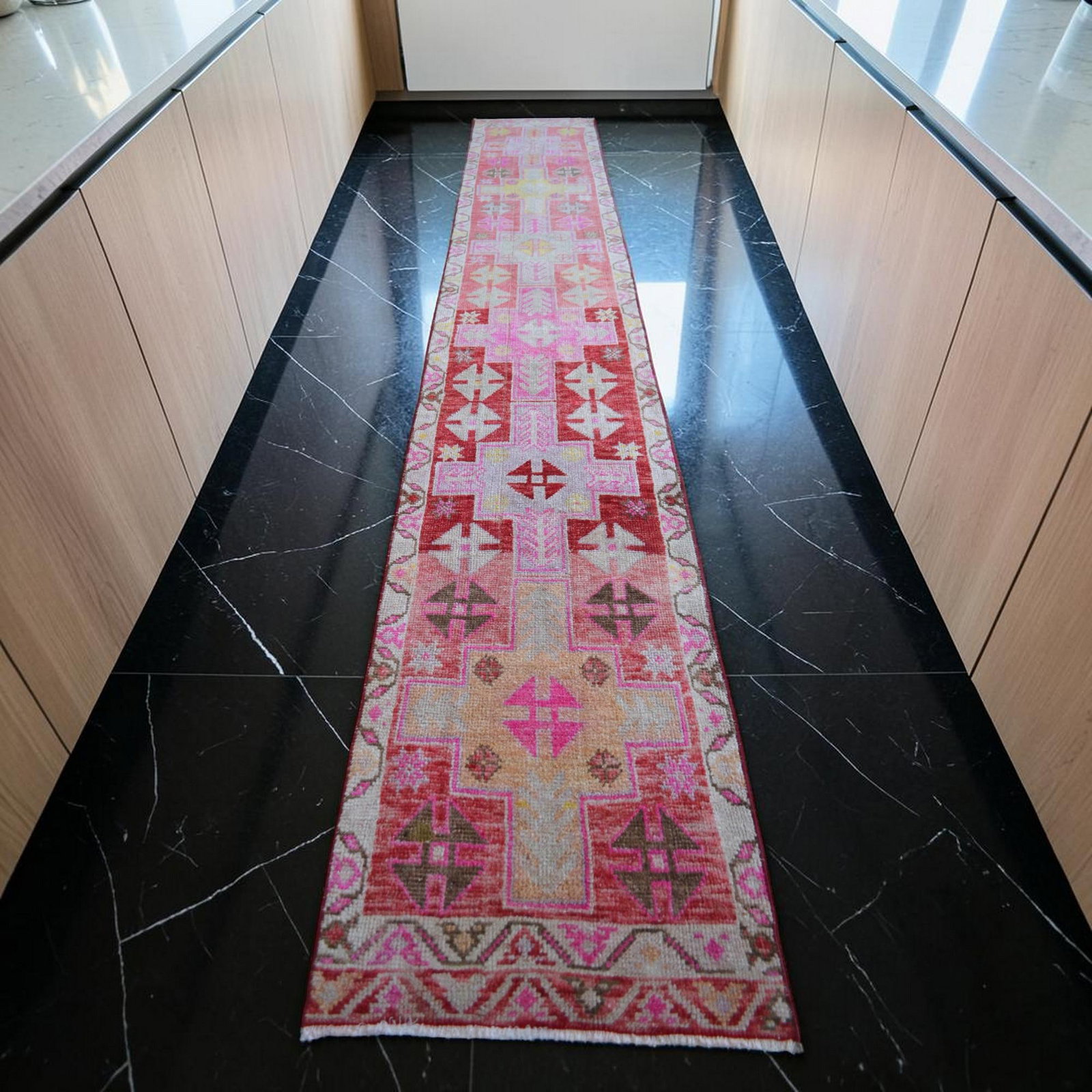 Vibrant Turkish Runner 2x12 Long Narrow Rug Vintage Pink Hallway Oriental Carpet - 3