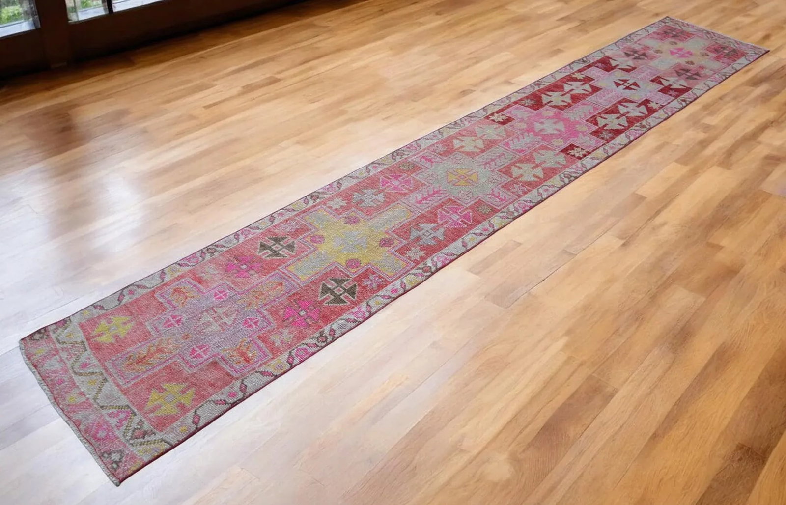 Vibrant Turkish Runner 2x12 Long Narrow Rug Vintage Pink Hallway Oriental Carpet - 4