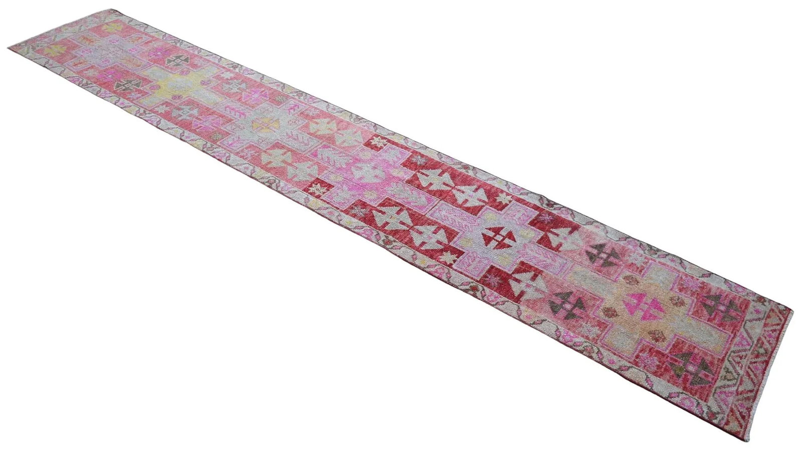 Vibrant Turkish Runner 2x12 Long Narrow Rug Vintage Pink Hallway Oriental Carpet - 6
