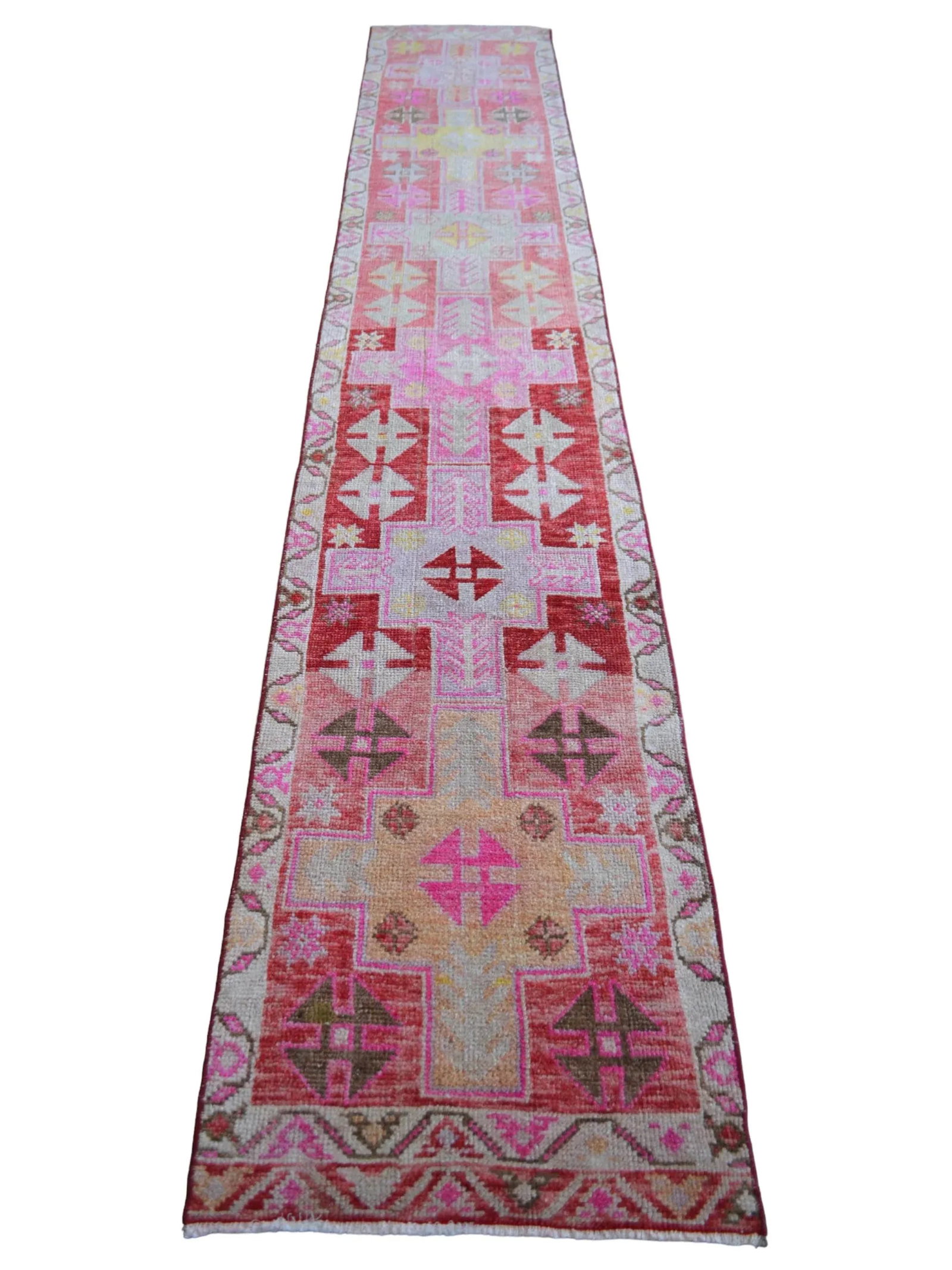 Vibrant Turkish Runner 2x12 Long Narrow Rug Vintage Pink Hallway Oriental Carpet - 7
