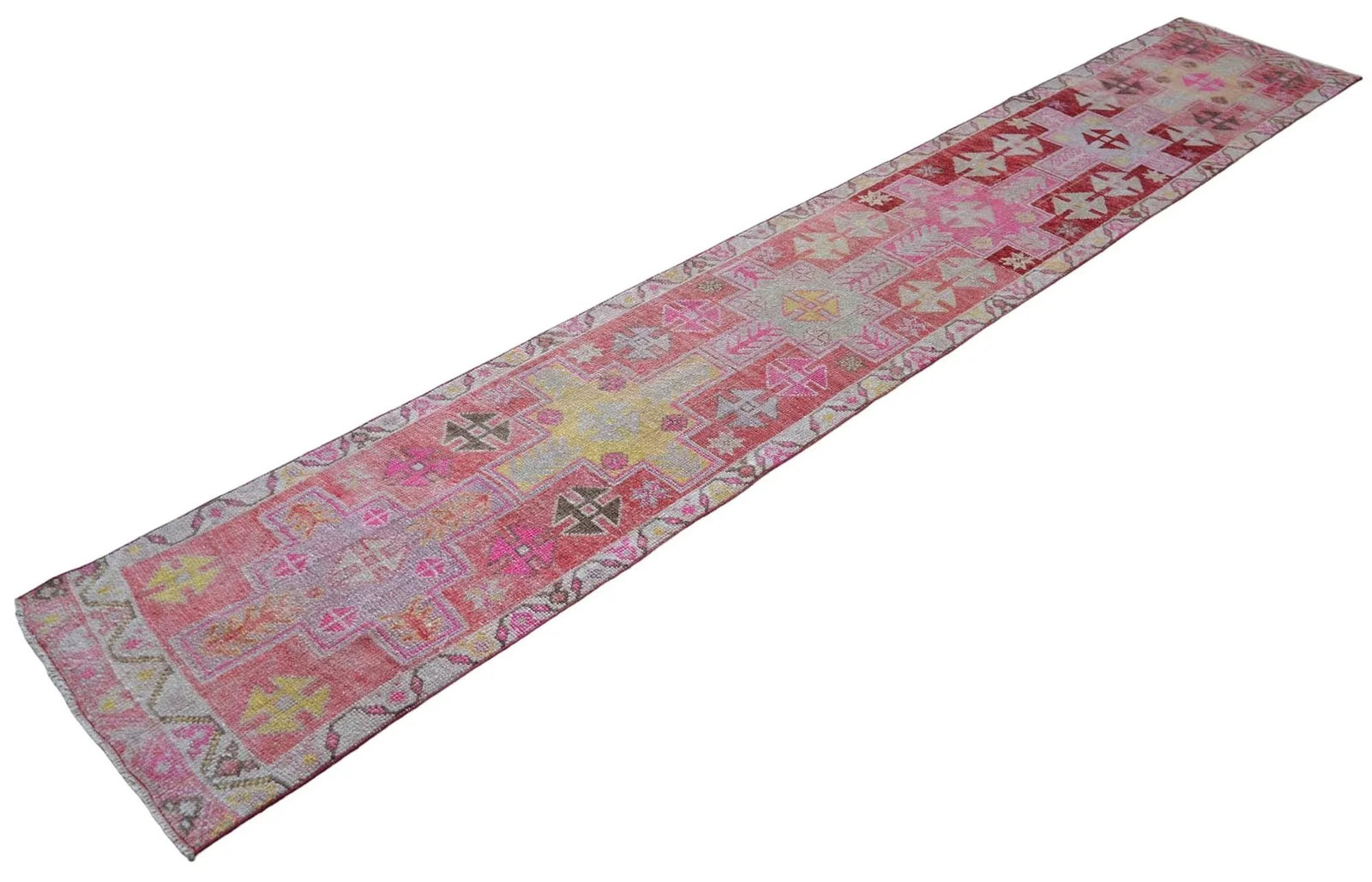 Vibrant Turkish Runner 2x12 Long Narrow Rug Vintage Pink Hallway Oriental Carpet - 8