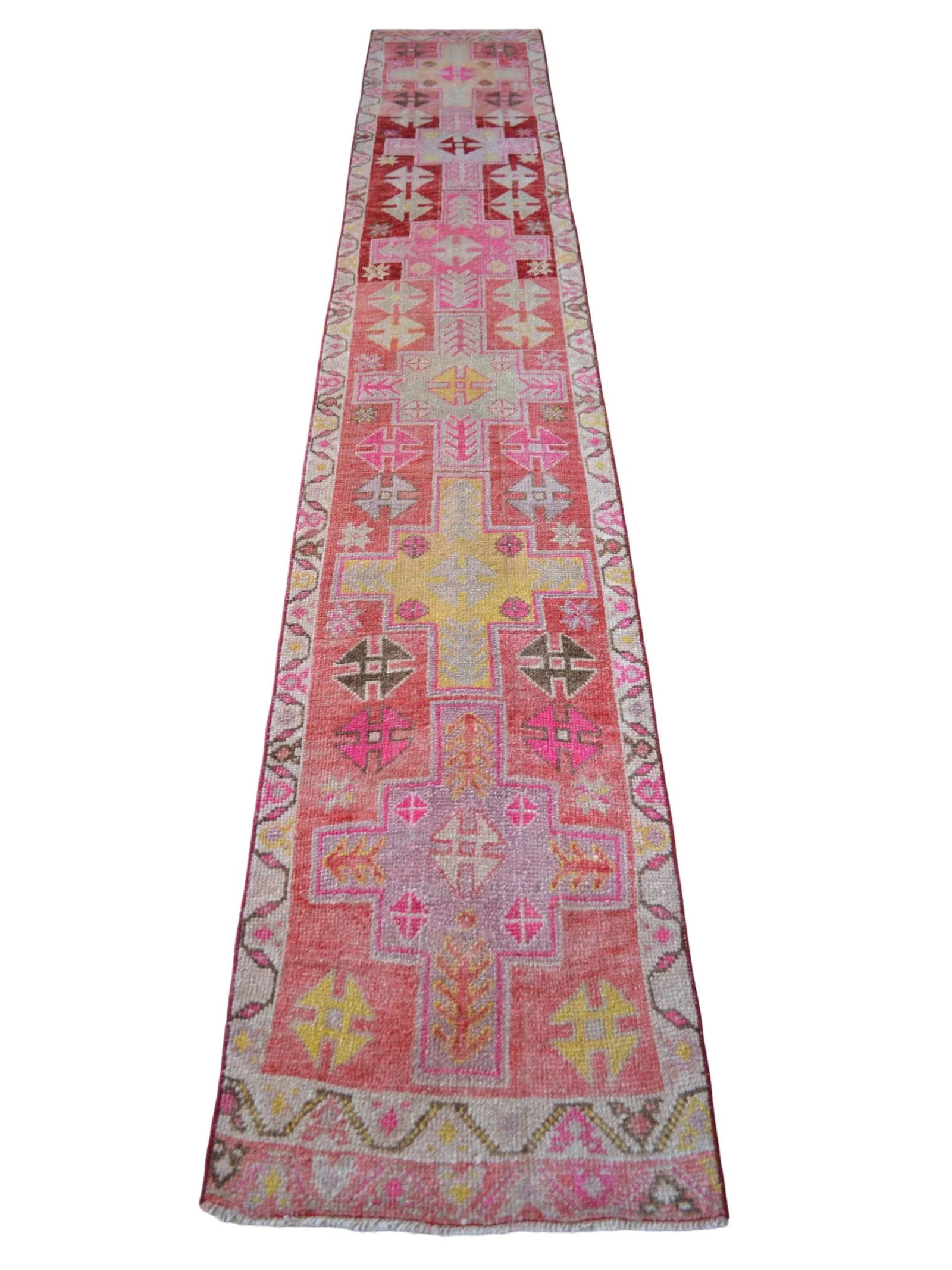 Vibrant Turkish Runner 2x12 Long Narrow Rug Vintage Pink Hallway Oriental Carpet - 9