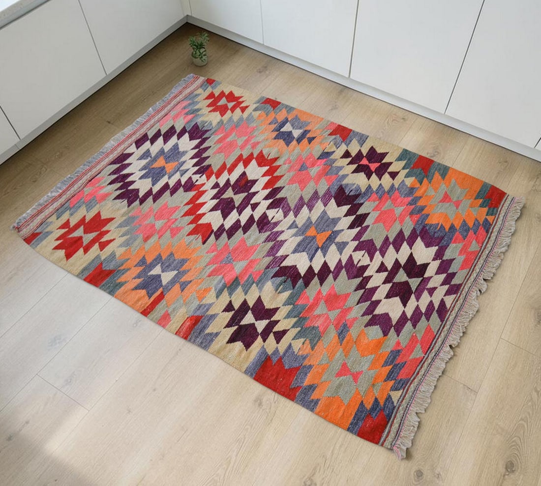 Handmade Turkish Kilim Rug Diamond Pattern Area Rug - 3'7" X 4'10" - 2