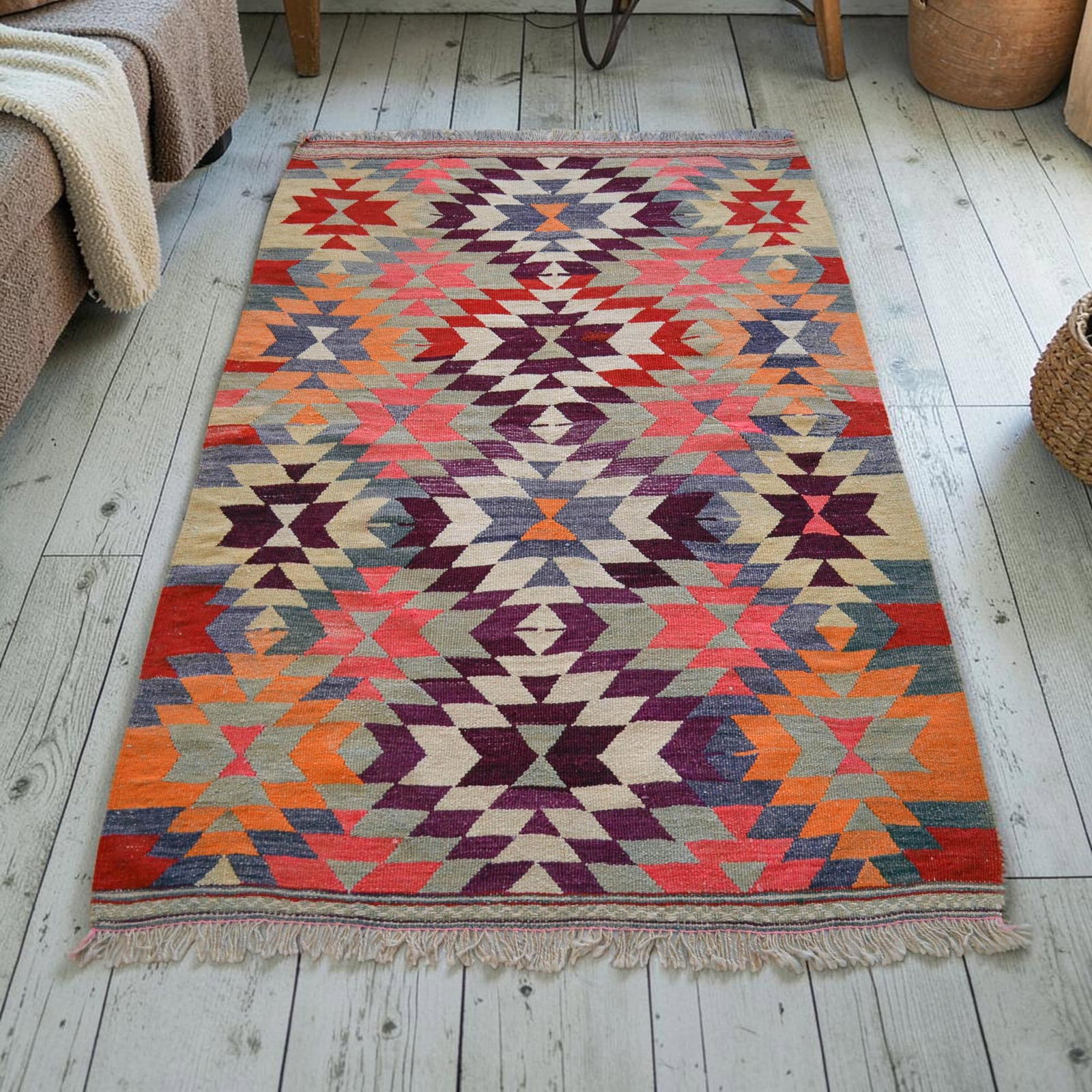 Handmade Turkish Kilim Rug Diamond Pattern Area Rug - 3'7" X 4'10" - 3