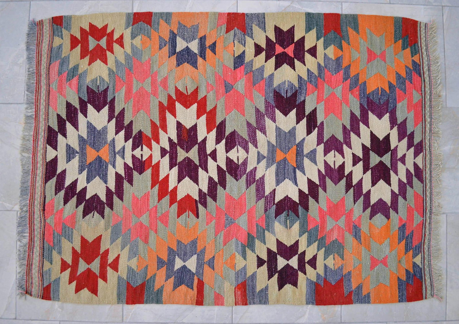 Handmade Turkish Kilim Rug Diamond Pattern Area Rug - 3'7" X 4'10" - 7