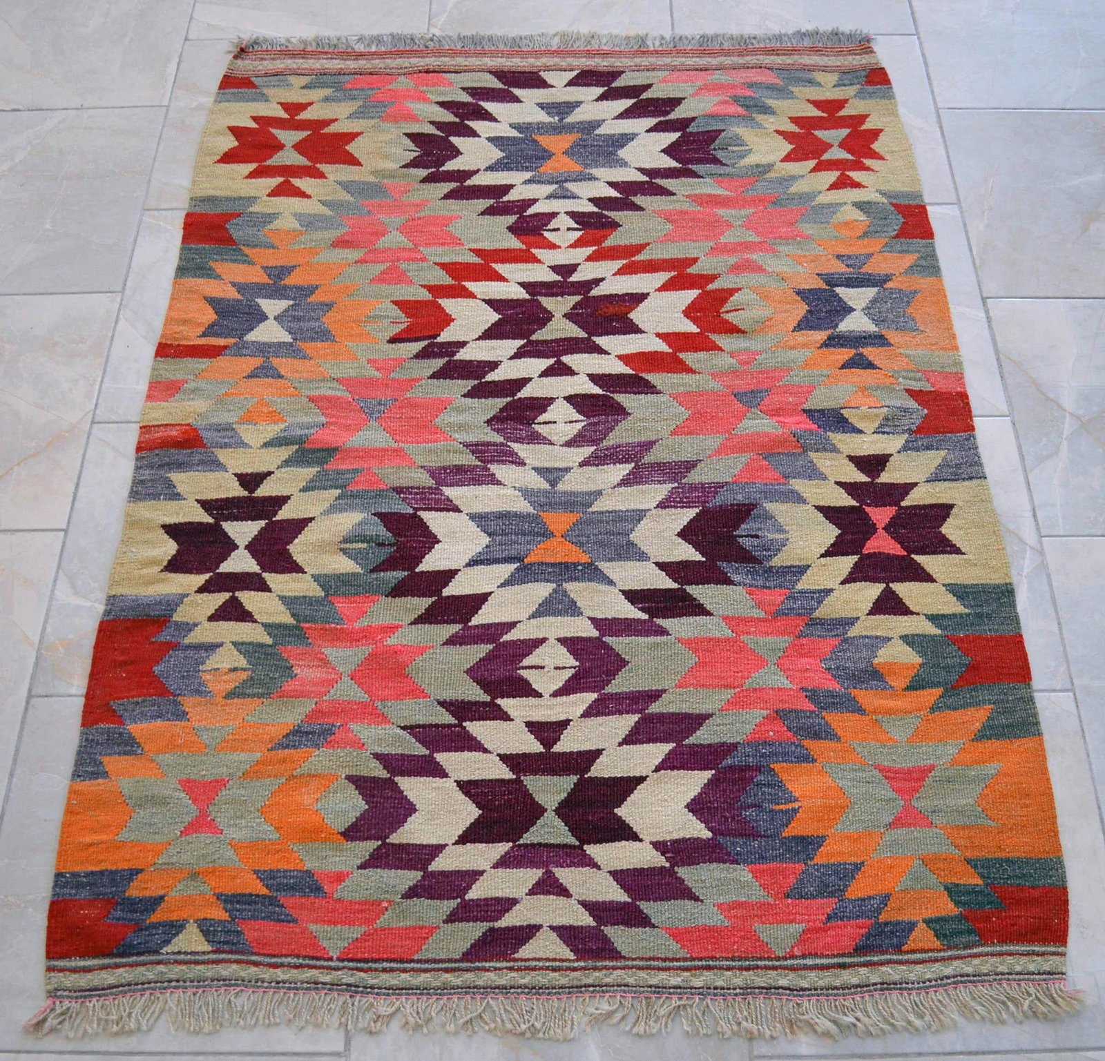 Handmade Turkish Kilim Rug Diamond Pattern Area Rug - 3'7" X 4'10" - 9