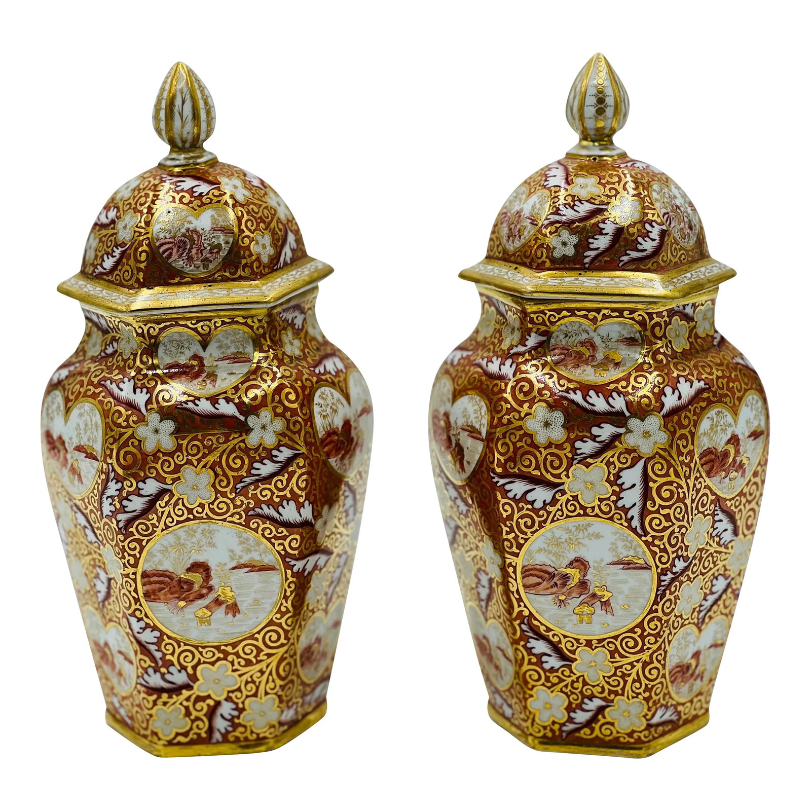 19th Century English Japonesque Porcelain Lidded Urns Exc- a Pair: Pair, 19th Century English Japonesque Porcelain Lidded Urns EXC 10.25". A pair of absolutely exceptional English porcelain lidded urns in an unidentified pattern. Possibly Coalport or Chamberlain Worc