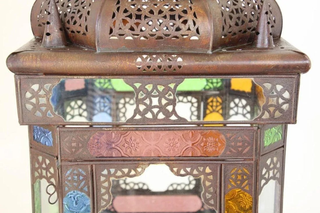 Moroccan Metal Lantern With Multicolor Glass - 11