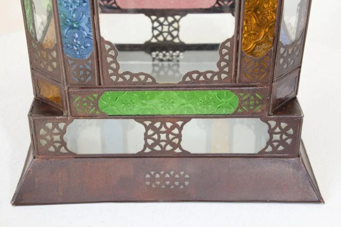 Moroccan Metal Lantern With Multicolor Glass - 12