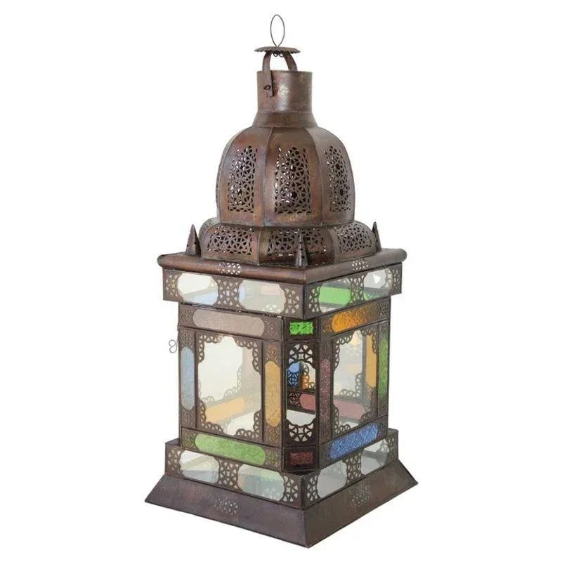Moroccan Metal Lantern With Multicolor Glass - 13