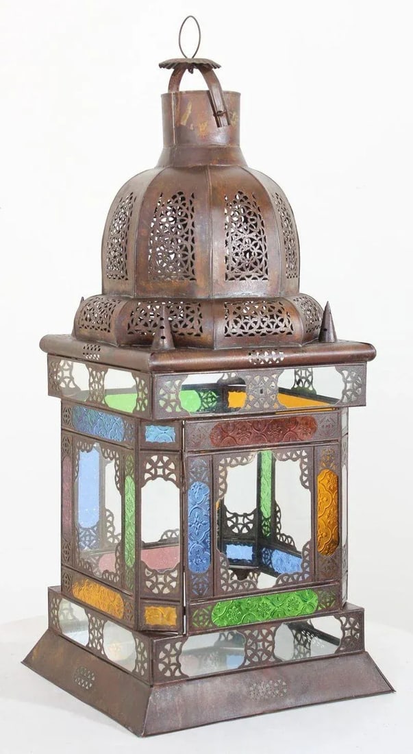Moroccan Metal Lantern With Multicolor Glass - 2
