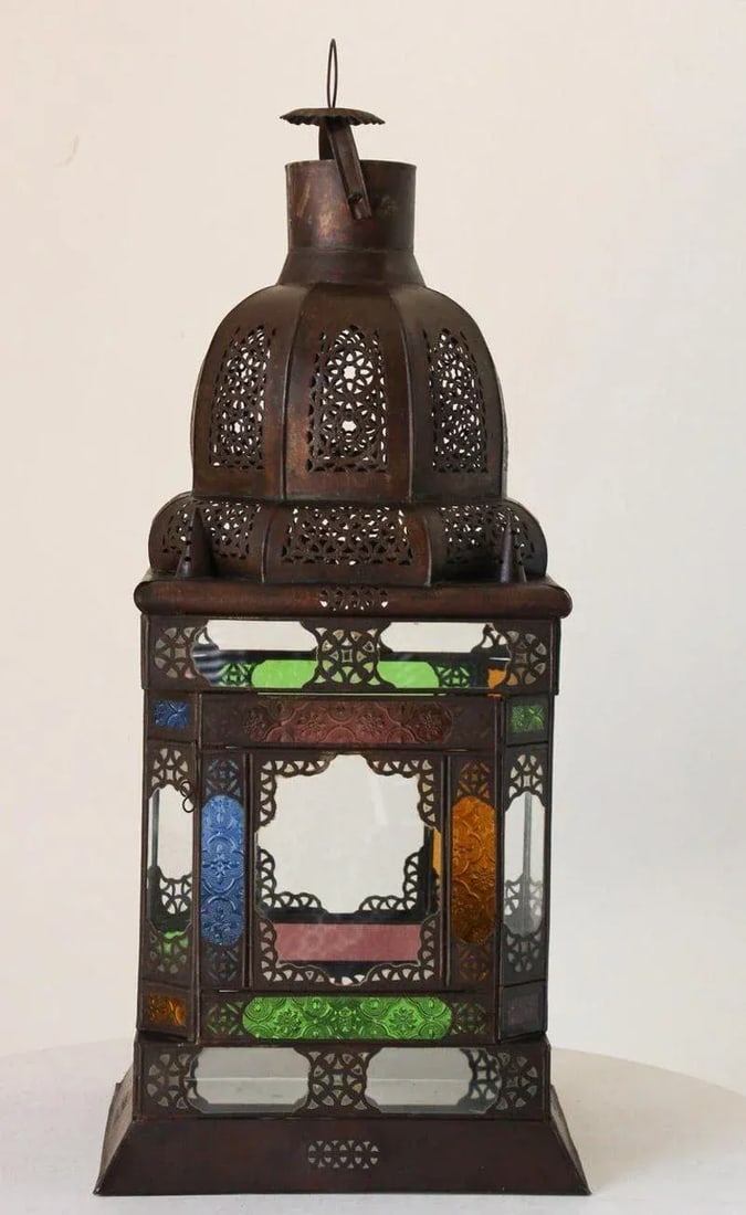 Moroccan Metal Lantern With Multicolor Glass - 3