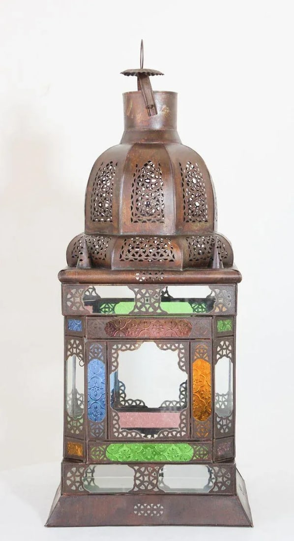 Moroccan Metal Lantern With Multicolor Glass - 4
