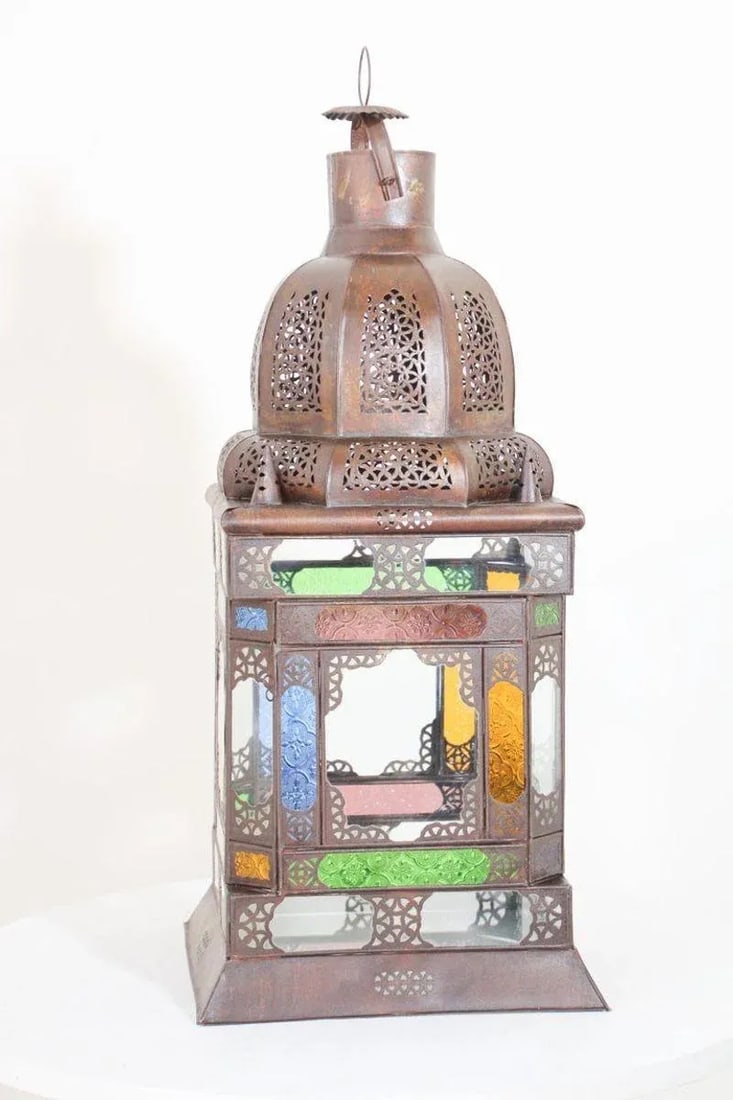 Moroccan Metal Lantern With Multicolor Glass - 5
