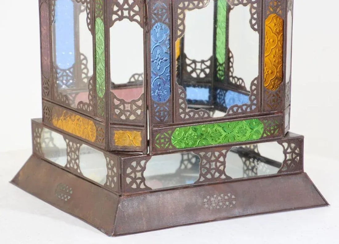 Moroccan Metal Lantern With Multicolor Glass - 6