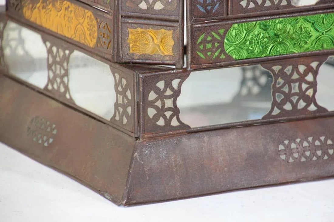 Moroccan Metal Lantern With Multicolor Glass - 7