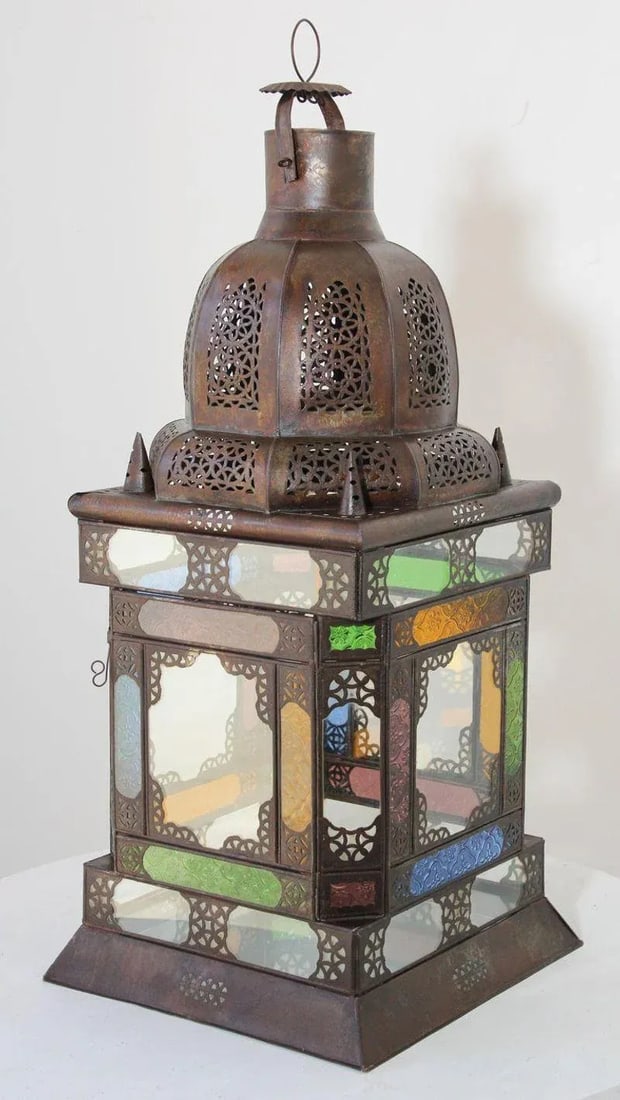 Moroccan Metal Lantern With Multicolor Glass - 8