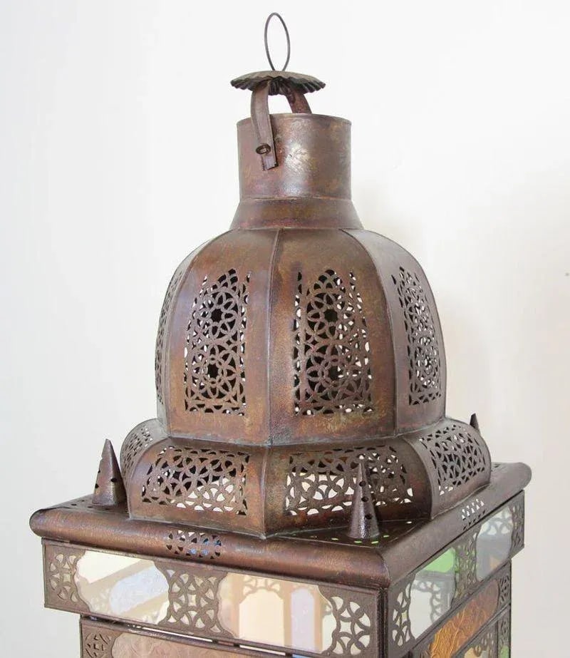 Moroccan Metal Lantern With Multicolor Glass - 9