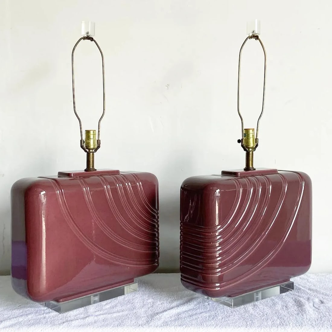 Postmodern Purple Ceramic and Lucite Oversized Table Lamp - a Pair - 6