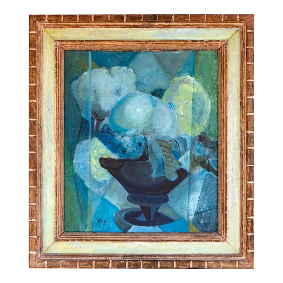 1940s Fauvist Fruit Bowl Cubist Still Life Framed Oil Painting: Striking Fruit Bowl Cubist Still Life, Oil Painting Signed: Rey Beautifully Framed in wood with carvings and a pale green color Filet. Canvas Size: 18wX21hx1d Frame Size: 25wX28hX2.5d From my Private