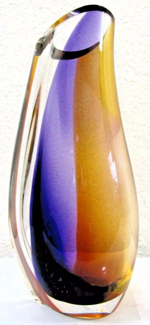 Signed Göran Wärff Orchid Vase Lilac/Amber , 11.25" by Kosta Boda - 9