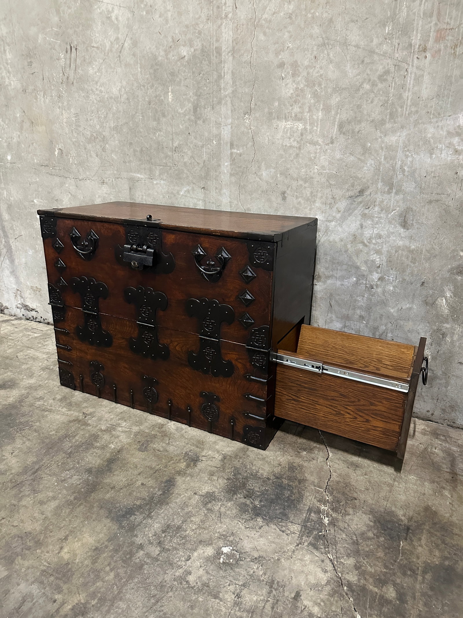 Antique Japanese Tansu Chest Two-Section Drawer Chest Iron Hardware - 5