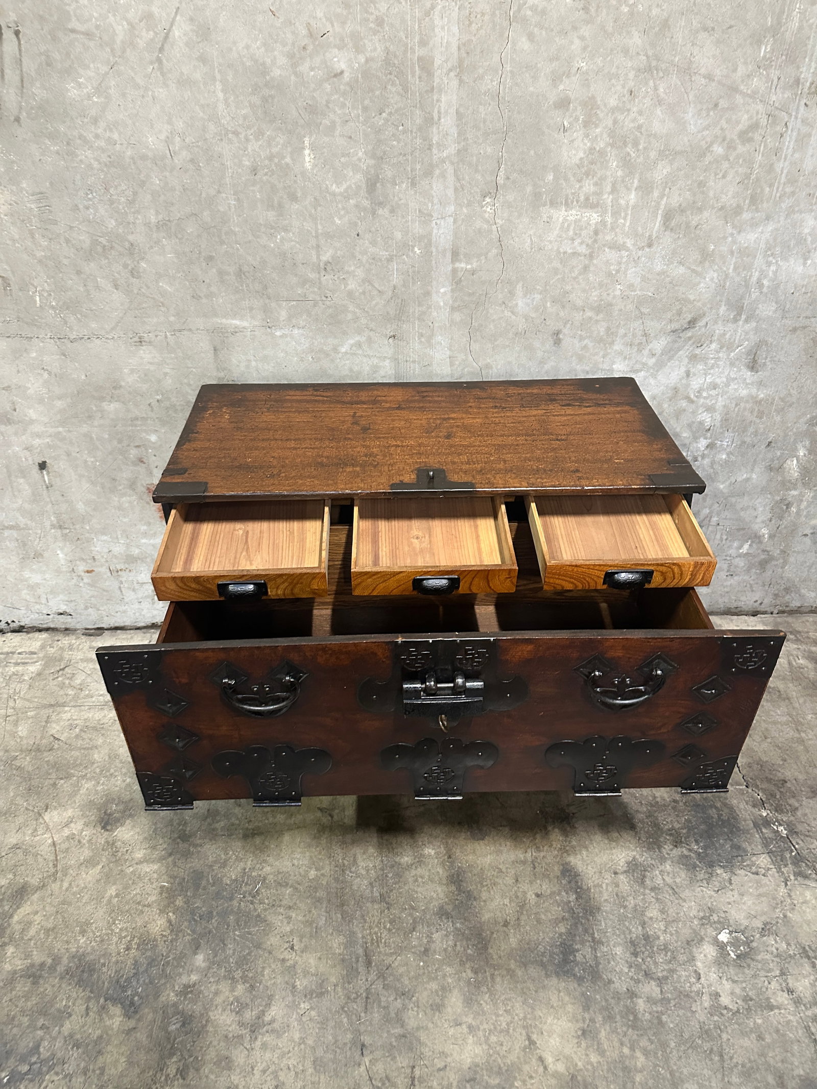 Antique Japanese Tansu Chest Two-Section Drawer Chest Iron Hardware - 6
