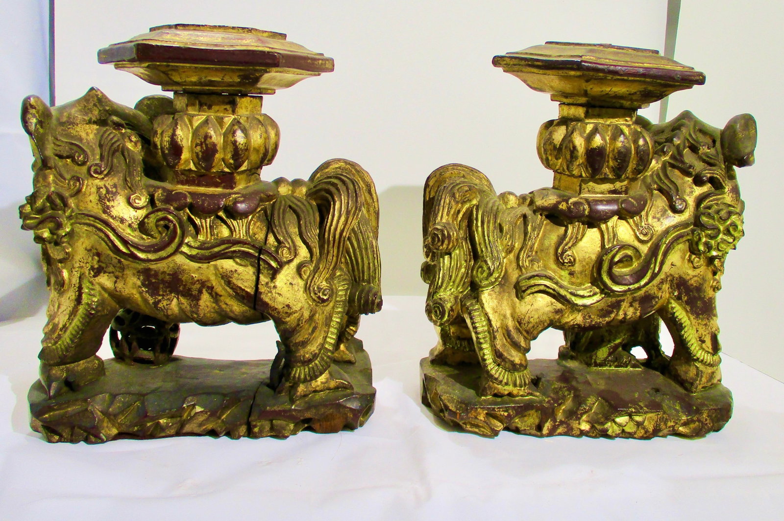 Chinese Gilt Foo Dogs Candle Stands 19th Century - A Pair of 2 - 2