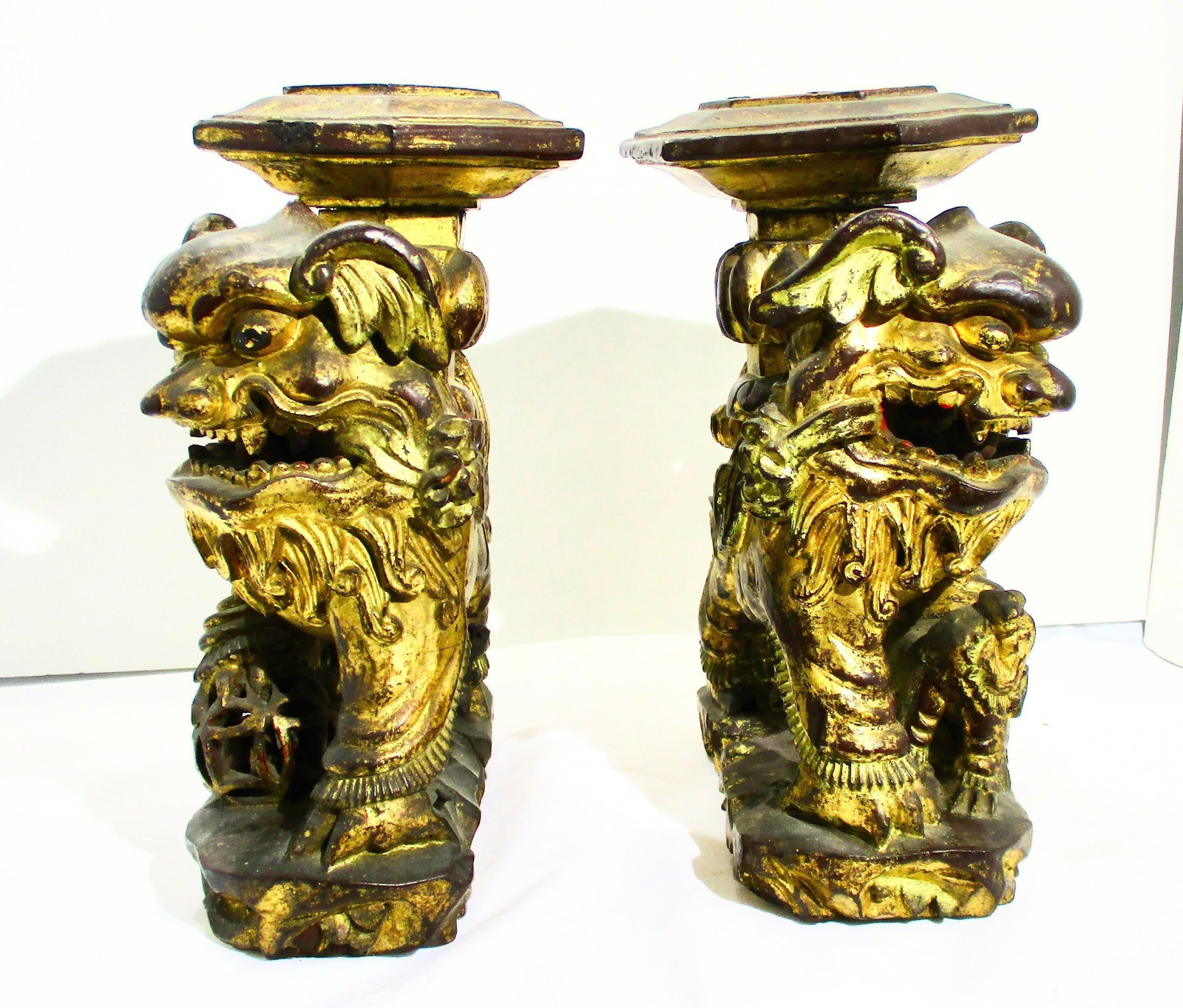 Chinese Gilt Foo Dogs Candle Stands 19th Century - A Pair of 2 - 3