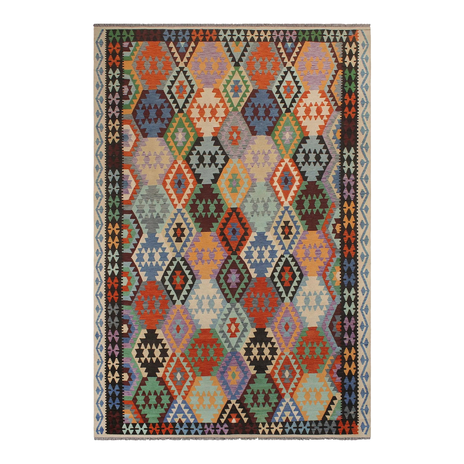 Early 21st Century Boho Chic Kilim Rust Black Wool Rug: Add a touch of elegance to your home with this casual chic hand woven Tribal Kilim wool rug. Constructed on a loom by Nomad Turkman people with hand spun wool and 100% Natural Vegetable dyes these