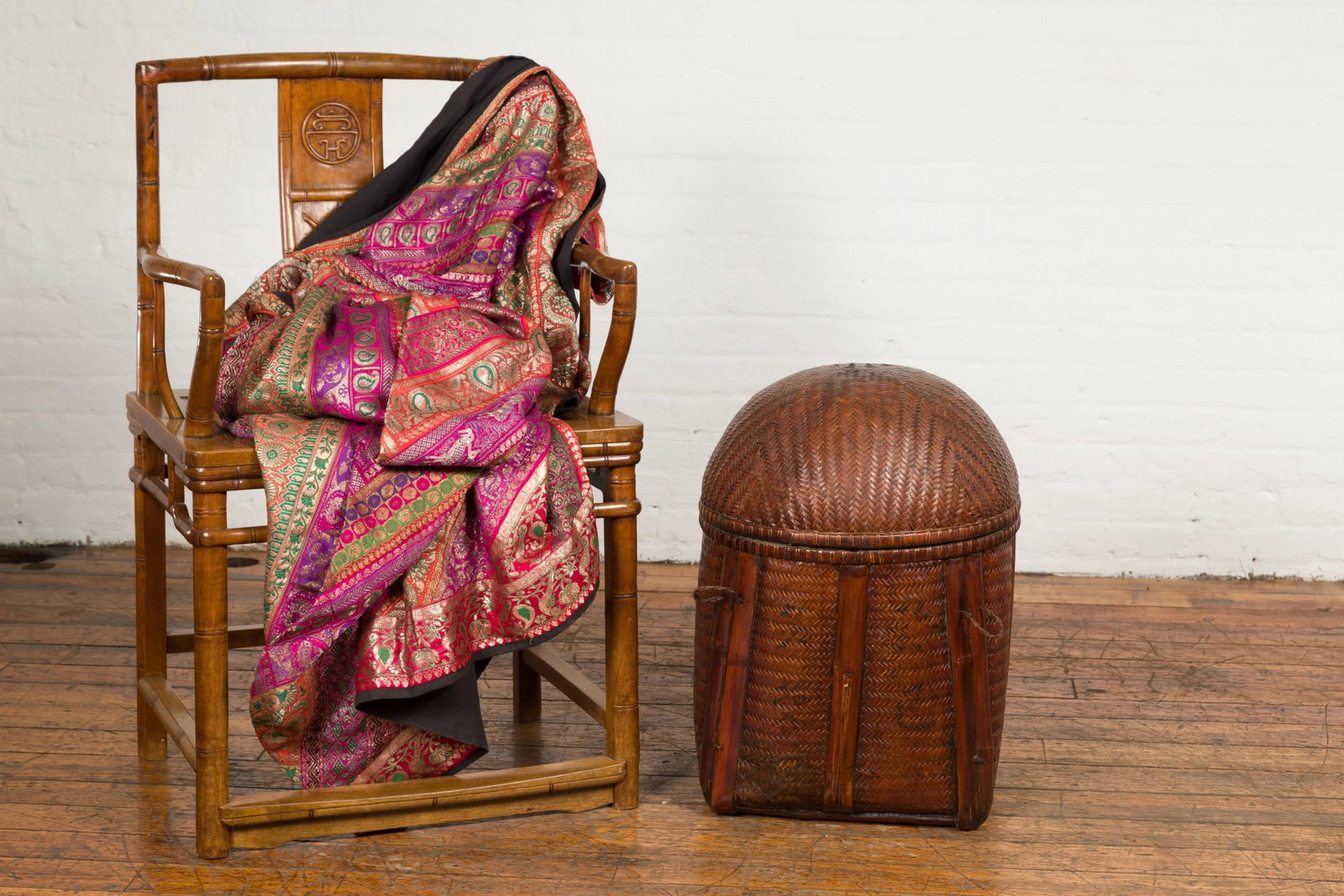 Antique Thai Hand Woven Rattan Basket with Domed Lid and Rustic Character - 3
