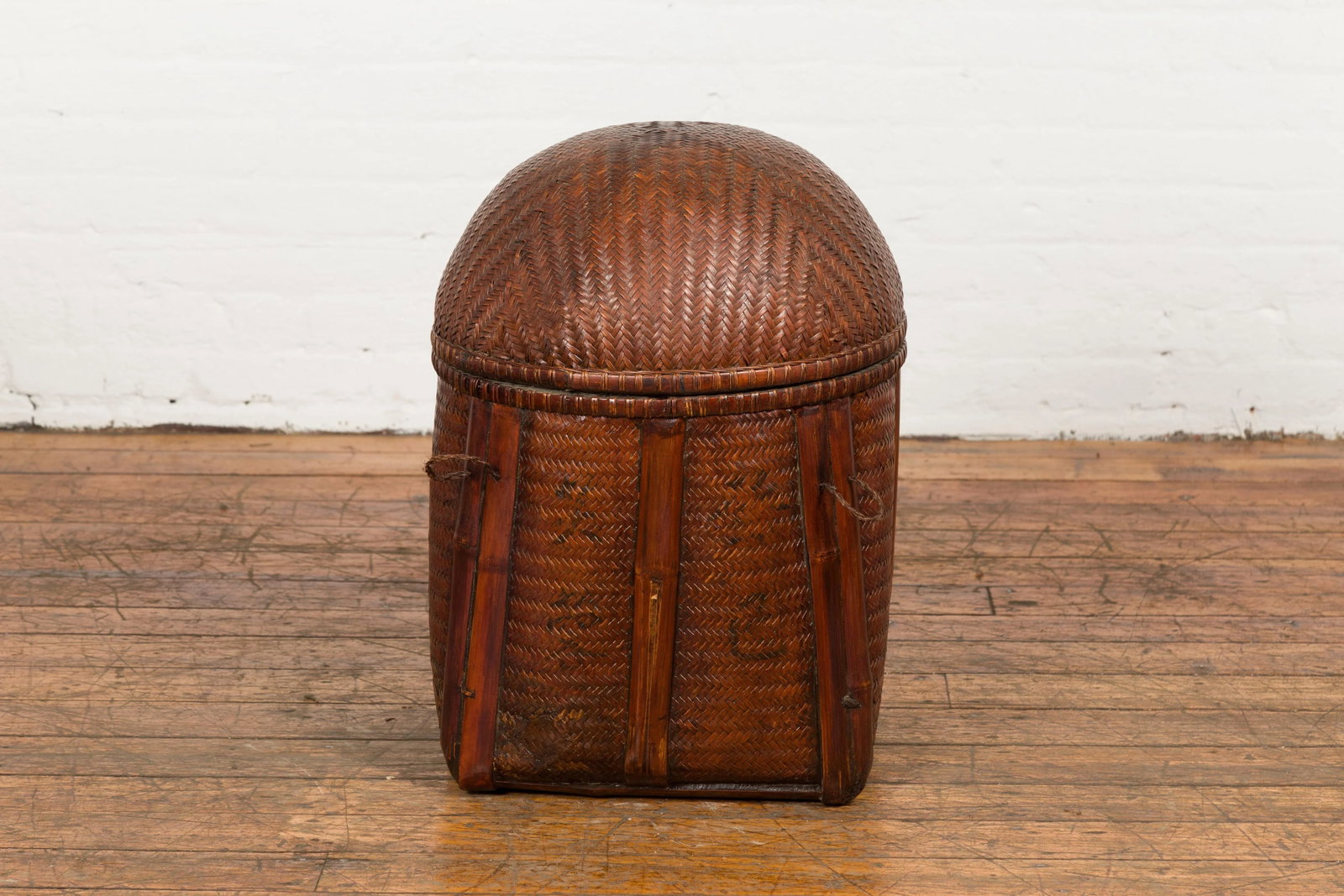 Antique Thai Hand Woven Rattan Basket with Domed Lid and Rustic Character - 4