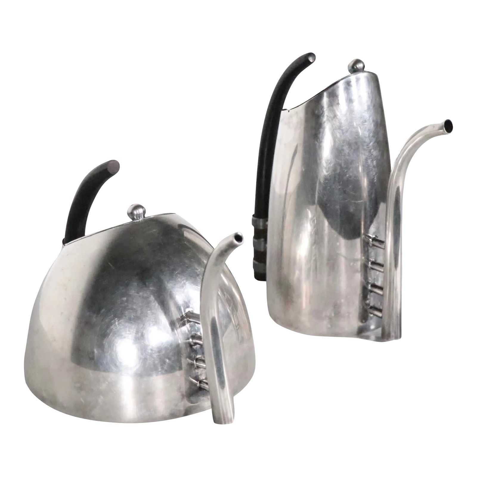 2 Pc. Postmodern Silver-Plate Coffee Tea Pot Set Made in Italy by Sabittini C 1980's: Chic, voguish set of two silver-plate serve ware pieces designed by noted Italian silversmith and designer Lino Sabittini, made in Italy circa 1980's. The set includes a tall pot ( Coffee ) and the lo