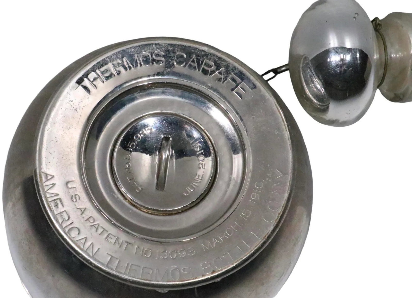 Glass Lined Metal Carafe With Original Mirrored Glass Stopper American Thermos Bottle Co. C. 1911 - 2