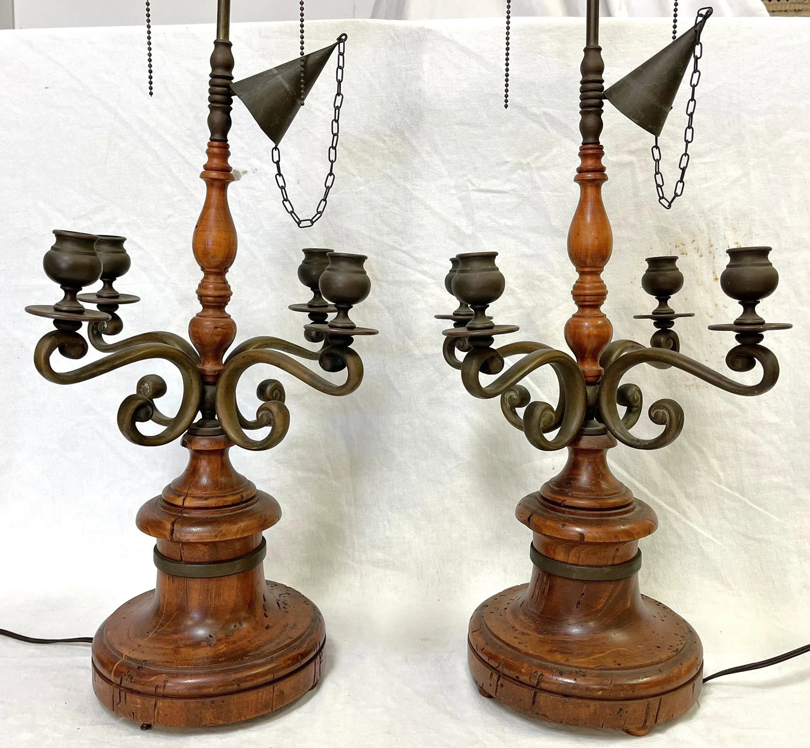 Vintage Chapman Italian Turned Wood With Bronze Candelabra Made Into Lamps- a Pair - 2