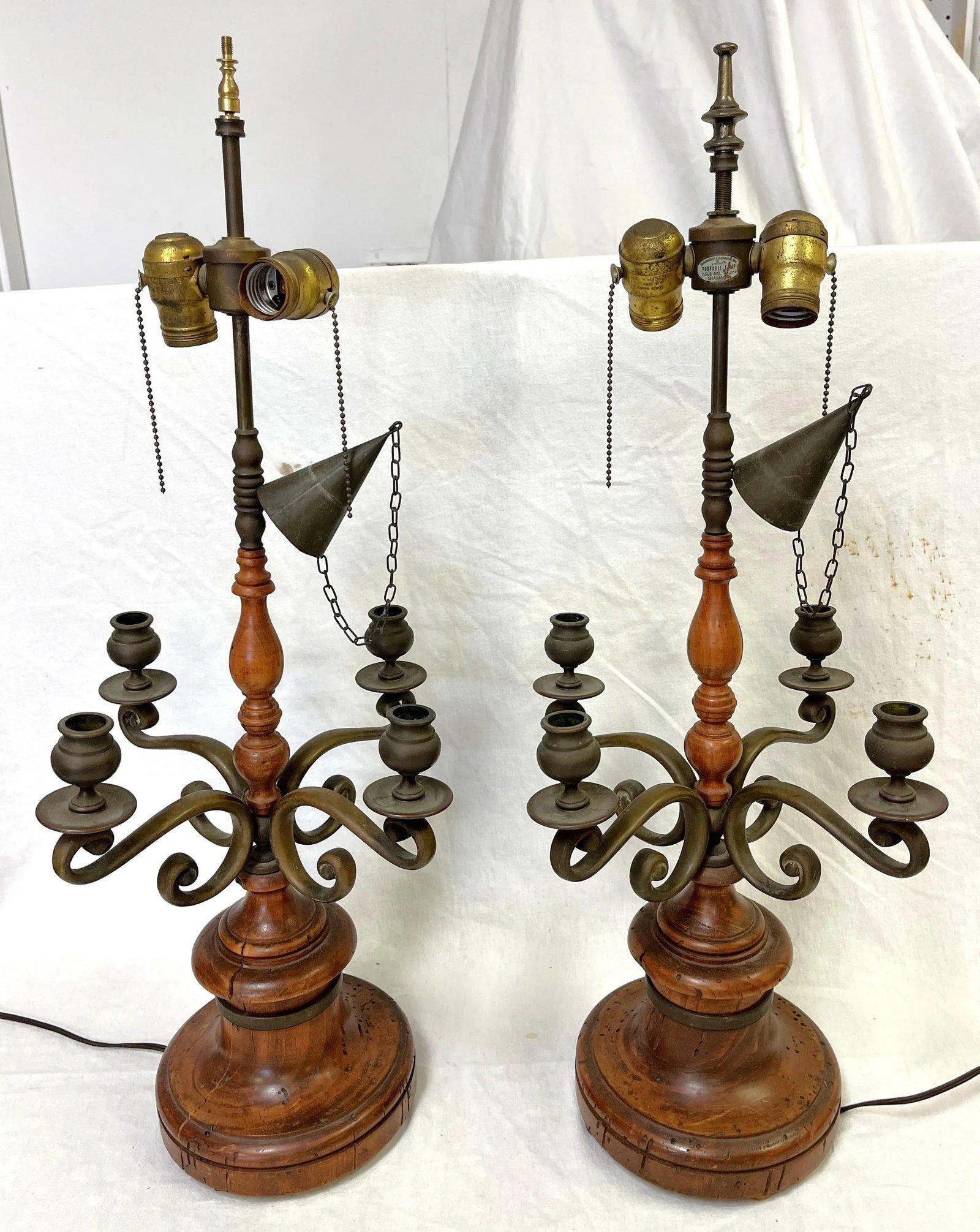 Vintage Chapman Italian Turned Wood With Bronze Candelabra Made Into Lamps- a Pair - 4