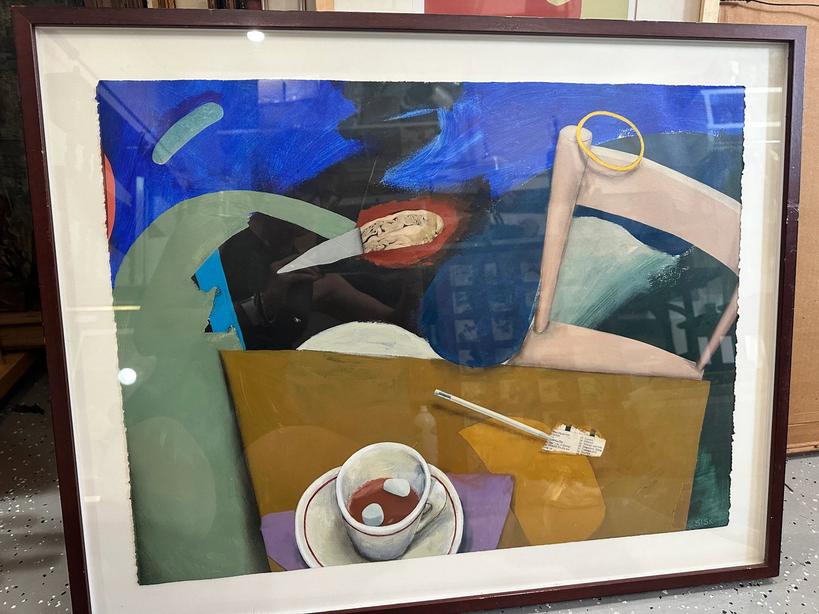 Mixed Media Still Life by Sisk – Watercolor With Collage Elements, Framed - 2