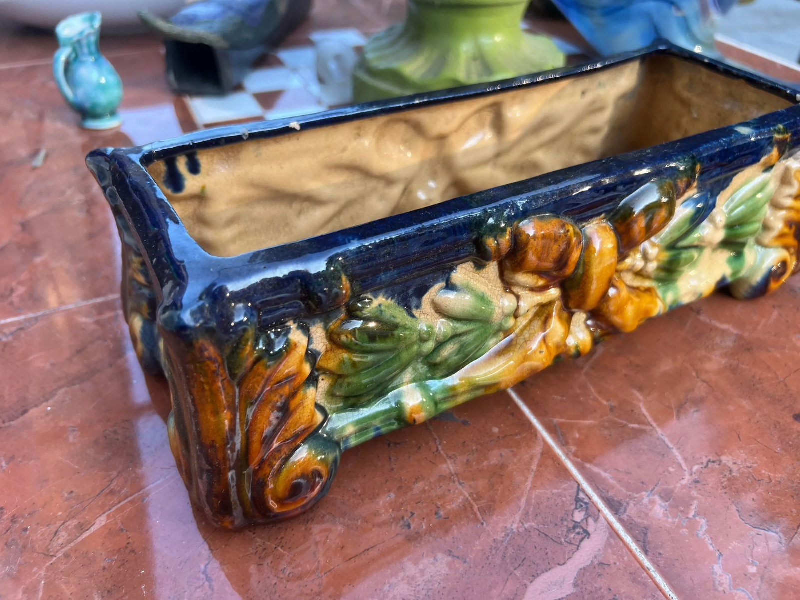 1970s Majolica Style Ceramic Rectangular Planter - 6