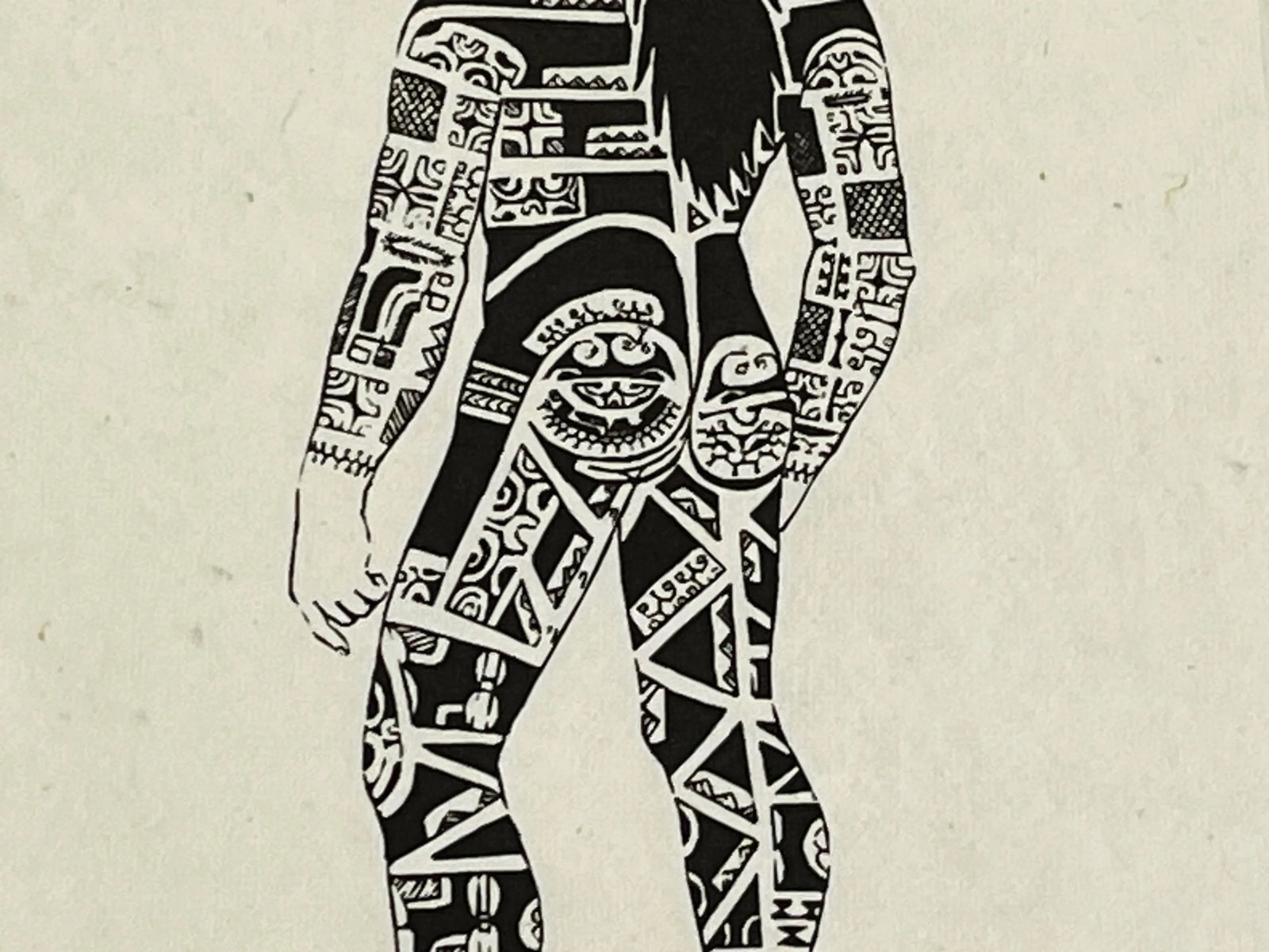 Vintage Keith Haring Style Tribal Tattoo Art Lithograph on Tapa Cloth - 4