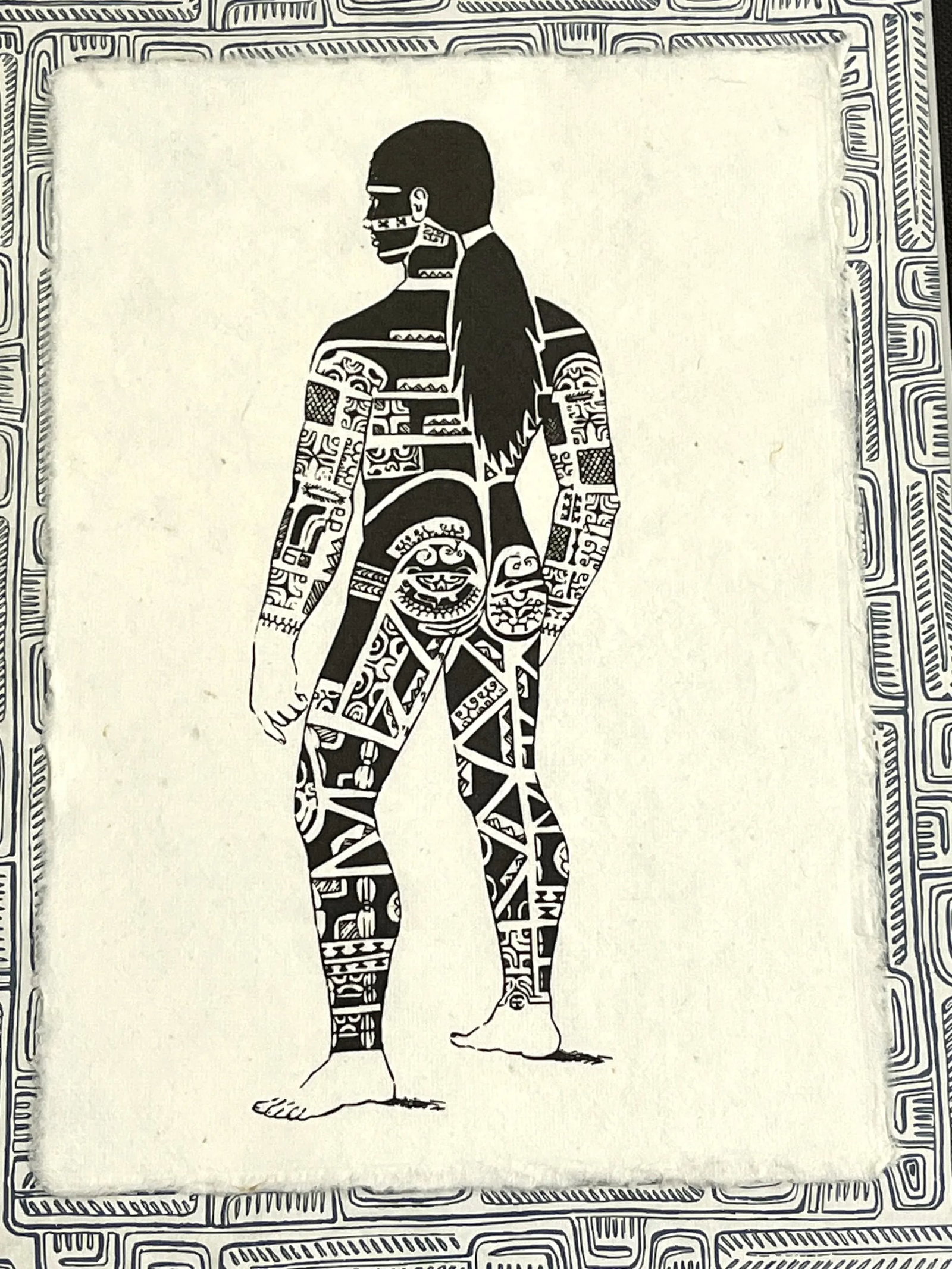 Vintage Keith Haring Style Tribal Tattoo Art Lithograph on Tapa Cloth - 7