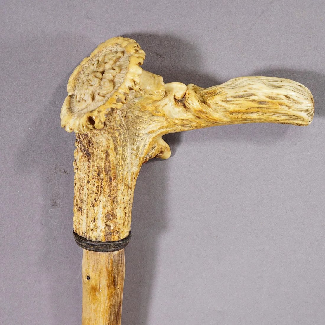 An Antique Walking Stick With Carved Deer Horn Handle - 7